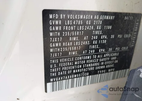 2011 Volkswagen Tiguan Se из США, поврежденный, VIN WVGAV7AX6BW557338